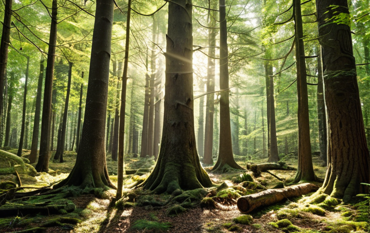 ** A mixed forest in Germany, showcasing diverse tree species like oak, beech, and fir. Sunlight filters through the canopy. Some deadwood is visible on the forest floor, teeming with insects and fungi.

**