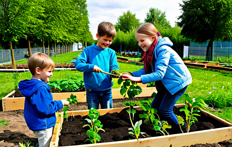 Children Gardening**
"A group of children, around 8-10 years old, planting saplings in a community garden in Berlin, Germany. The children are wearing appropriate, weather-suitable clothing, such as jeans, t-shirts, and jackets. They are smiling and engaged in the activity. In the background, there are raised garden beds and other adults supervising. The scene is bright and cheerful, capturing the joy of children connecting with nature. Fully clothed, safe for work, appropriate content, family-friendly, perfect anatomy, correct proportions, natural pose, well-formed hands, proper finger count, natural body proportions, professional photography, high quality."
**