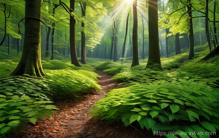 탄소 격리 식재의 생태학적 원리 - **A Majestic Forest Ecosystem as a Carbon Sink**: A breathtaking, realistic depiction of a dense, vi...