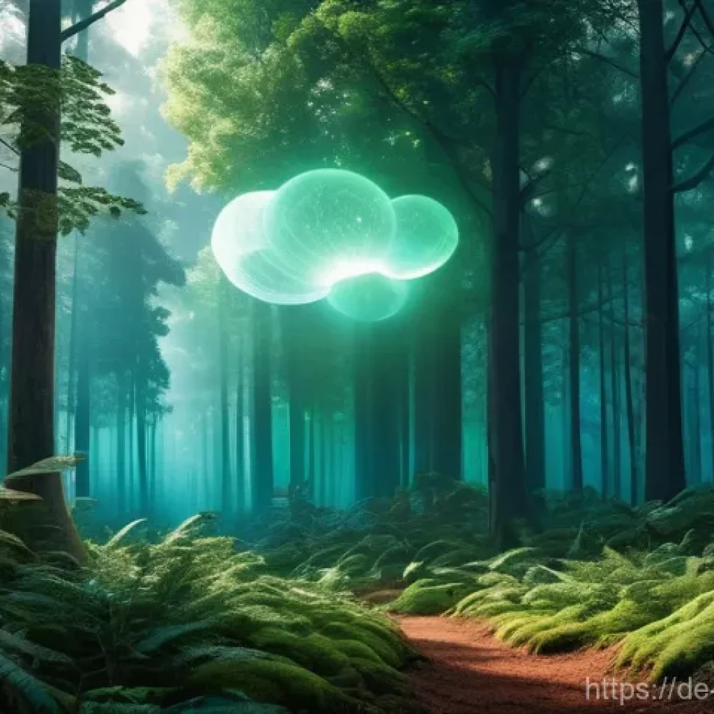 탄소 격리 식재 프로젝트의 디지털 기술 활용 방안 - **Prompt:** A serene, lush forest scene at dawn or dusk, with subtle digital elements integrated sea...