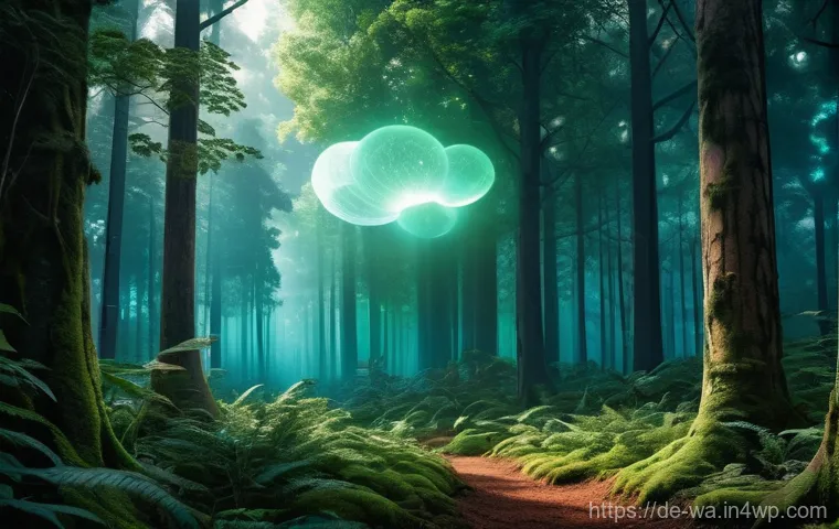 탄소 격리 식재 프로젝트의 디지털 기술 활용 방안 - **Prompt:** A serene, lush forest scene at dawn or dusk, with subtle digital elements integrated sea...