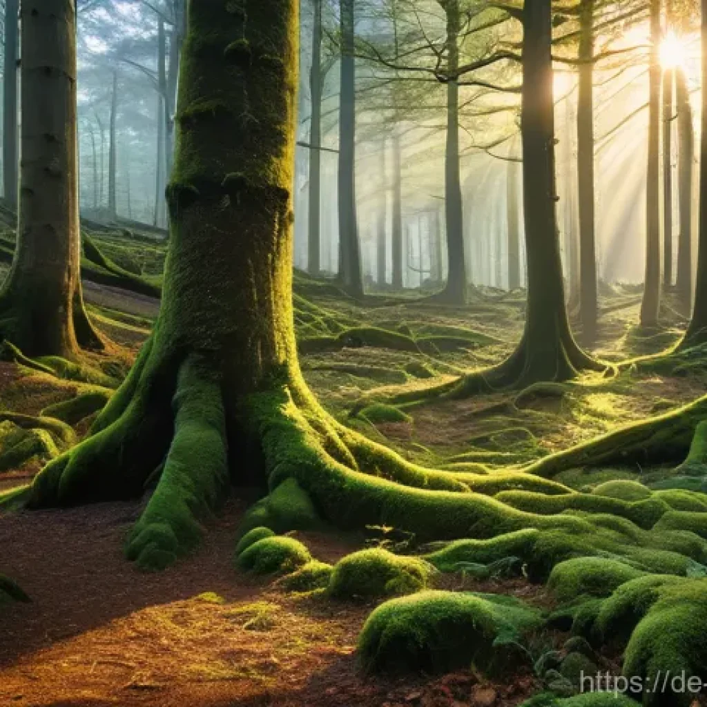 탄소 격리 식재의 과학적 원리 - **Prompt:** A breathtaking, ancient mixed forest at dawn, bathed in soft, golden light filtering thr...