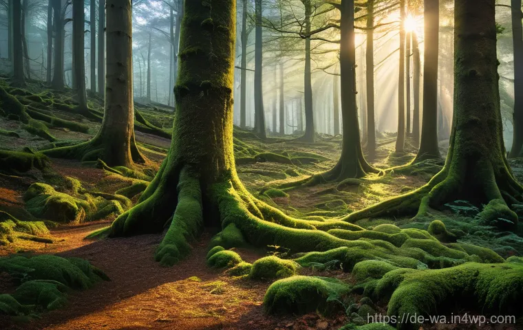 탄소 격리 식재의 과학적 원리 - **Prompt:** A breathtaking, ancient mixed forest at dawn, bathed in soft, golden light filtering thr...