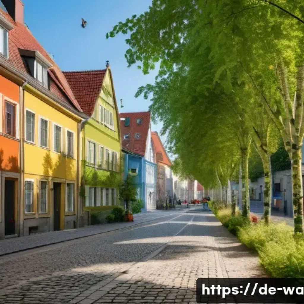탄소 격리 식재의 생태적 접근법 - A vibrant urban street scene in a German city featuring a small alley lined with fast-growing poplar...