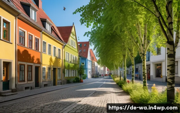 탄소 격리 식재의 생태적 접근법 - A vibrant urban street scene in a German city featuring a small alley lined with fast-growing poplar...