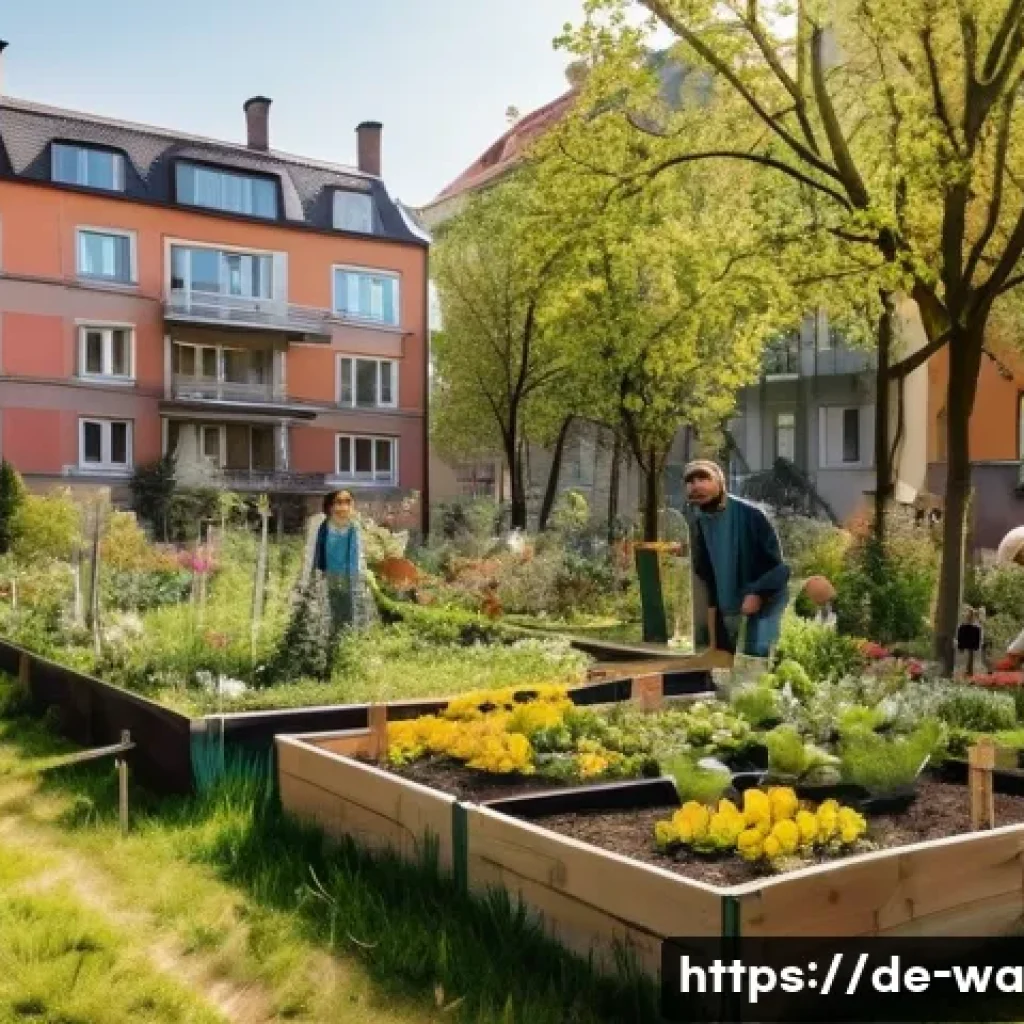 탄소 격리 식재의 커뮤니티 기반 접근법 - A vibrant urban community garden in Berlin-Kreuzberg during springtime, featuring diverse native pla...