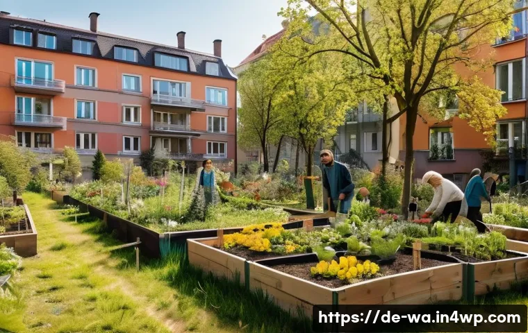 탄소 격리 식재의 커뮤니티 기반 접근법 - A vibrant urban community garden in Berlin-Kreuzberg during springtime, featuring diverse native pla...