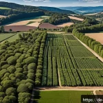 탄소 격리 식재 프로젝트의 자원 활용 최적화 방안 - A detailed aerial view of a large reforestation area in southern Germany featuring a diverse multipu...