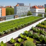 탄소 격리 식재의 지속 가능한 개발 목표 연계 - A vibrant urban green rooftop garden in Berlin during springtime, featuring diverse native German pl...