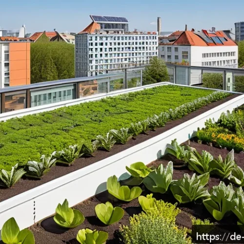 탄소 격리 식재의 지속 가능한 개발 목표 연계 - A vibrant urban green rooftop garden in Berlin during springtime, featuring diverse native German pl...