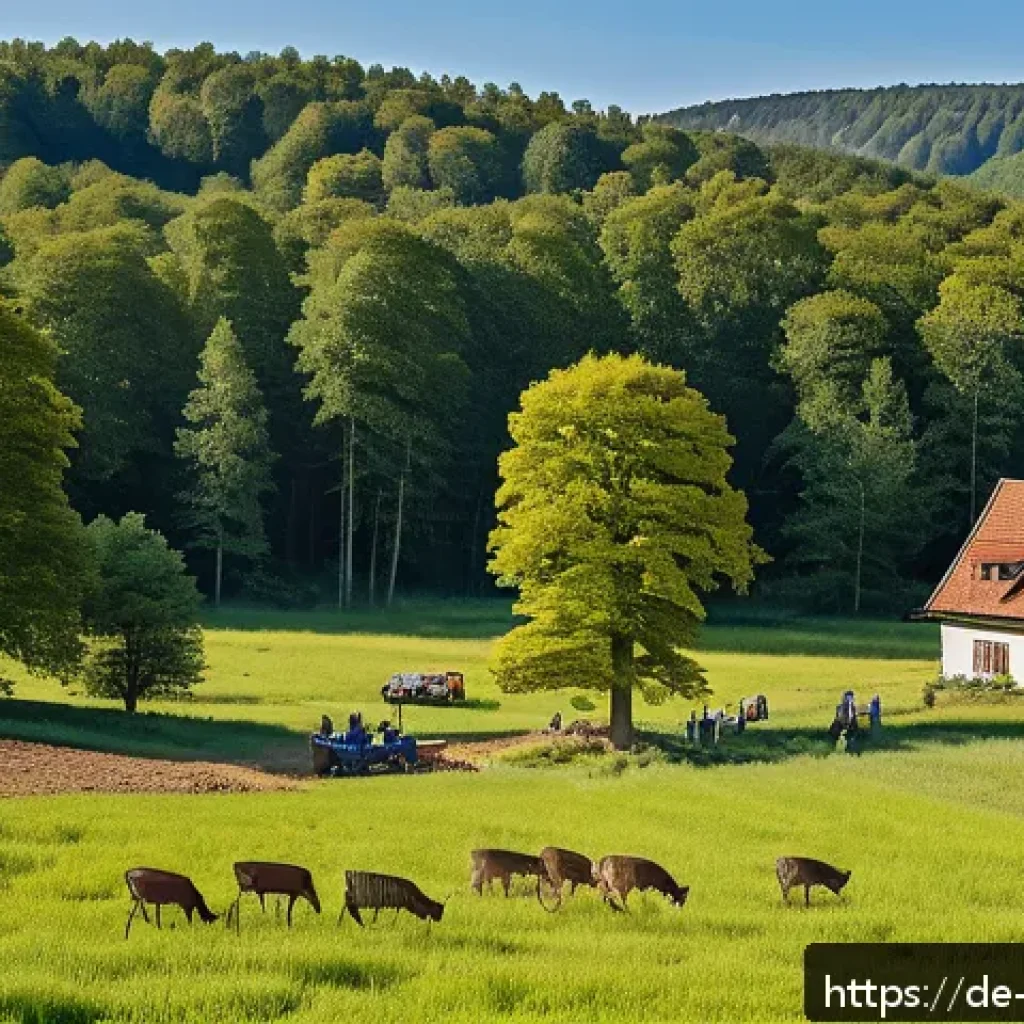 탄소 격리 식재를 위한 지역 경제 활성화 방안 - A vibrant rural German forest restoration scene showing diverse climate-resilient mixed tree species...