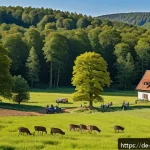 탄소 격리 식재를 위한 지역 경제 활성화 방안 - A vibrant rural German forest restoration scene showing diverse climate-resilient mixed tree species...