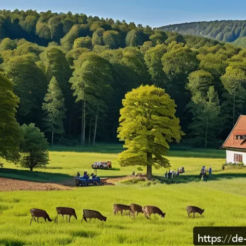 탄소 격리 식재를 위한 지역 경제 활성화 방안 - A vibrant rural German forest restoration scene showing diverse climate-resilient mixed tree species...