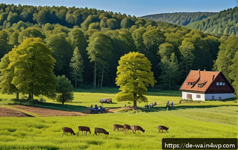 탄소 격리 식재를 위한 지역 경제 활성화 방안 - A vibrant rural German forest restoration scene showing diverse climate-resilient mixed tree species...